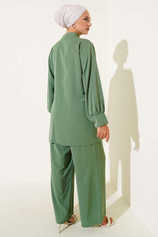 Side Belt Detailed Two-Piece Suit in Green