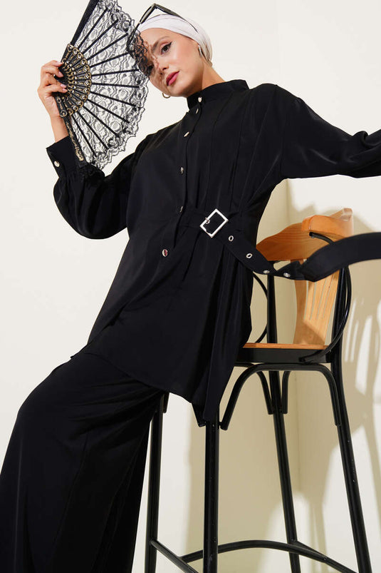 Side Belt Detailed Two Piece Suit Black