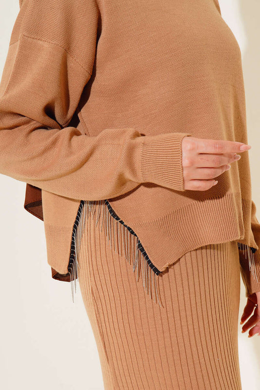 Robe Gilet à franges avec chaîne latérale, pull, tricot, costume Double, Latte