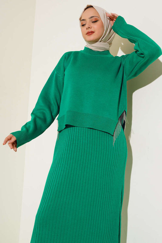 Robe Gilet à franges avec chaîne latérale, pull en tricot, costume Double, vert