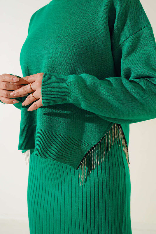 Zijketen Kwastje Gilet Jurk Trui Knitwear Dubbel Pak Groen