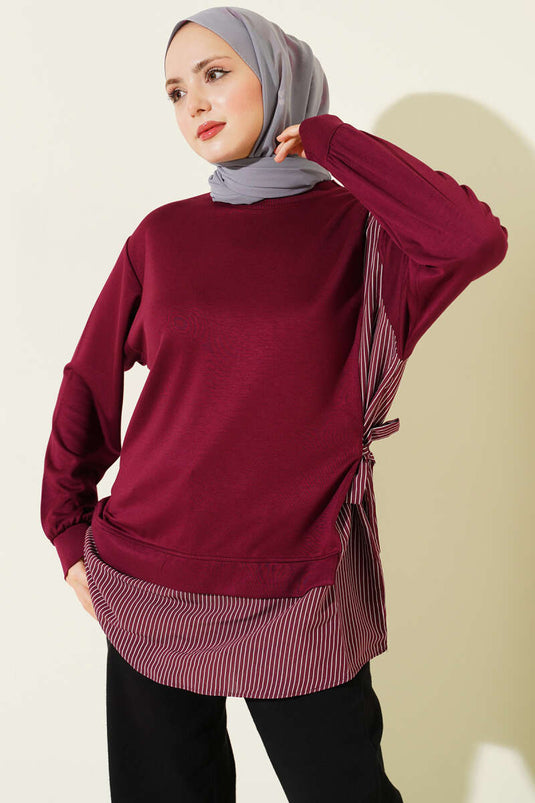 Side-Tied Tunic with Stripe Detail in Burgundy