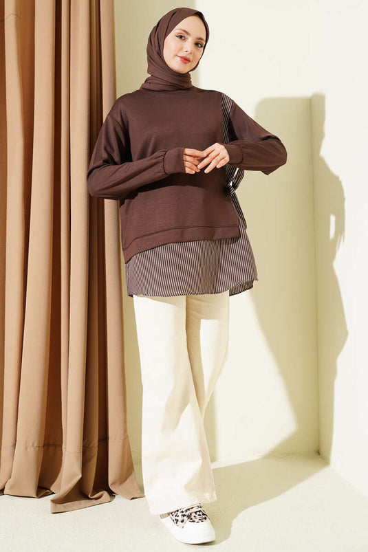 Side-Tied Tunic with Stripe Detail Brown