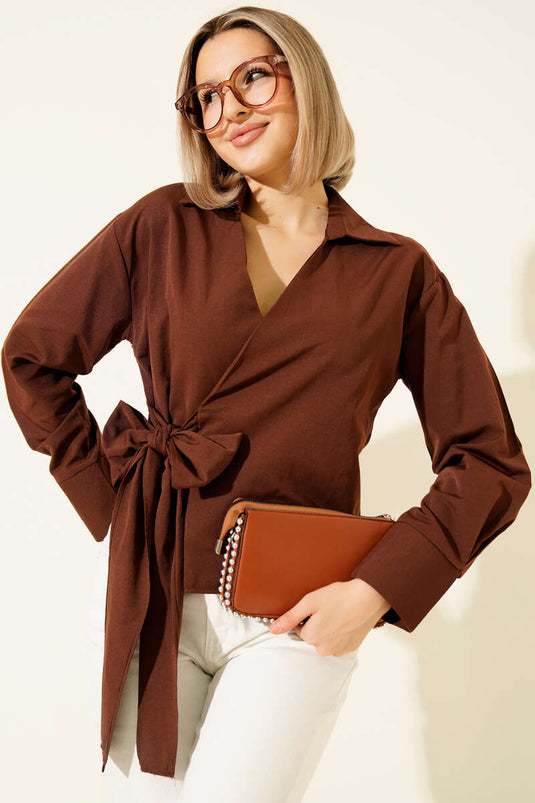 Side-Tie Crop Shirt, Brown