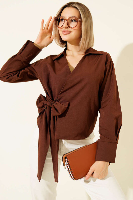 Chemise courte à nouer sur le côté, marron