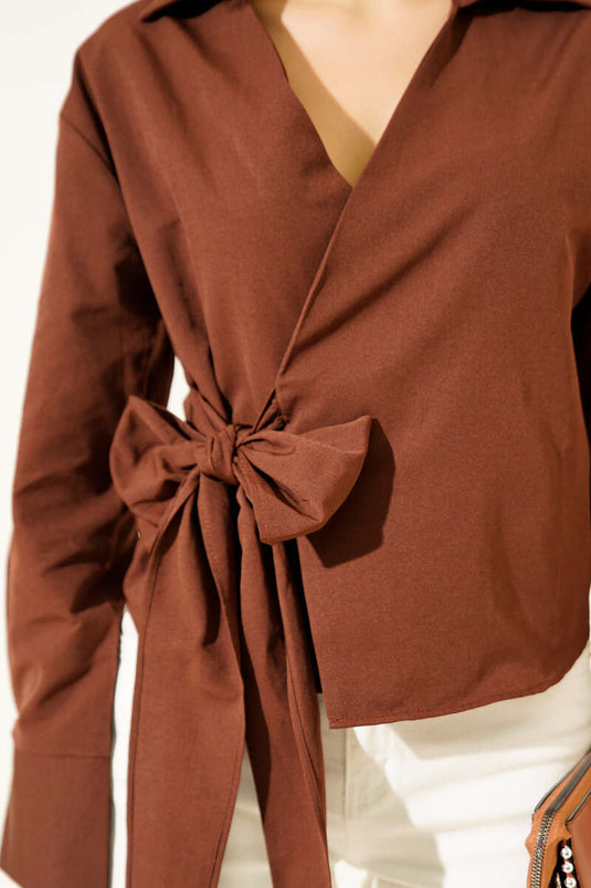 Side-Tie Crop Shirt, Brown