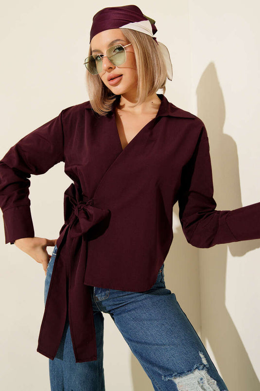 Chemise courte à nouer sur le côté, prune