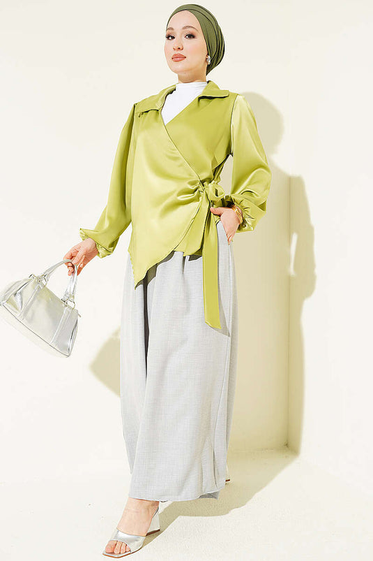 Side-Tie Satin Blouse Pistachio Green