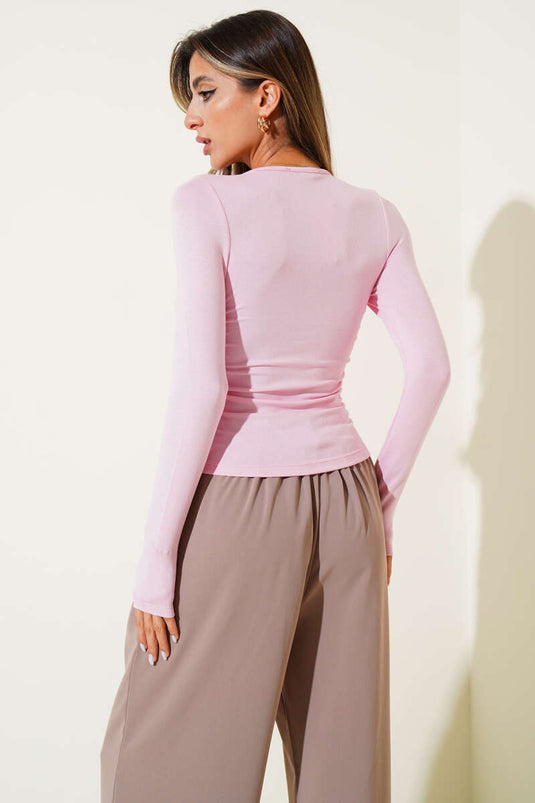 Pink Long-Sleeve Bodysuit with Side Gathering