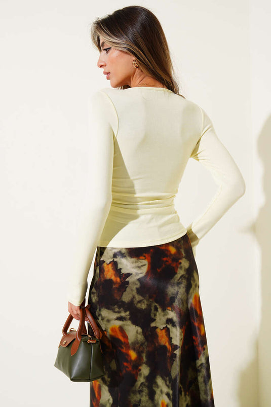 Side Gathered Long Sleeve Bodysuit Yellow