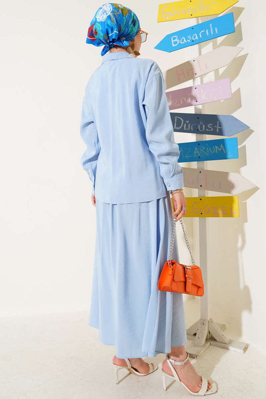 Conjunto de dos piezas con falda con lazo lateral, azul