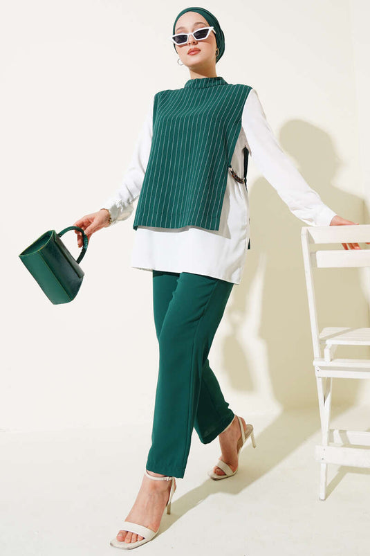 Yanları Aksesuarlı Çizgili Takım Yeşil