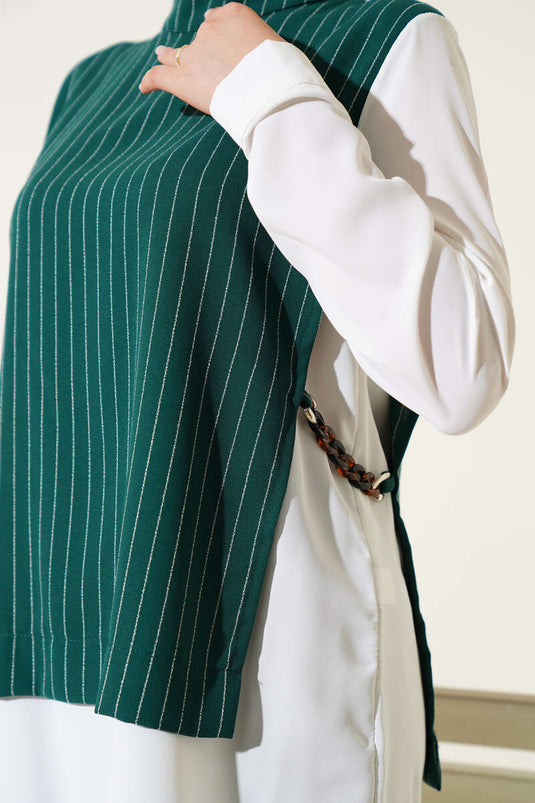 Yanları Aksesuarlı Çizgili Takım Yeşil