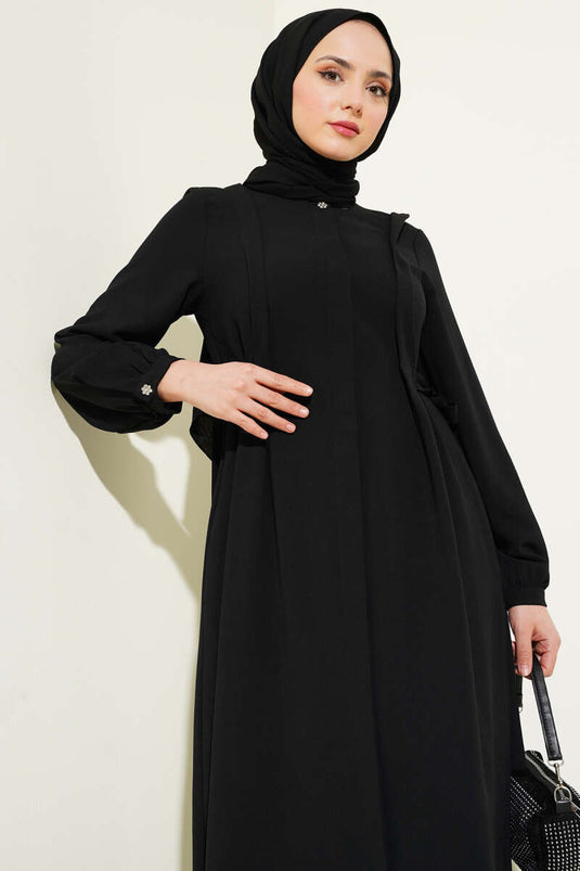 Kleid mit seitlicher Schnürung und Knöpfen in Schwarz