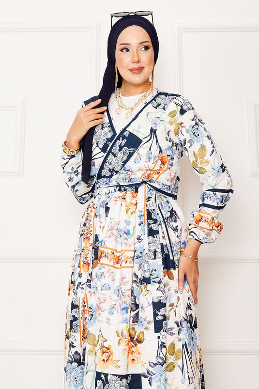 Costume en modal avec jupe nouée sur le côté bleu marine