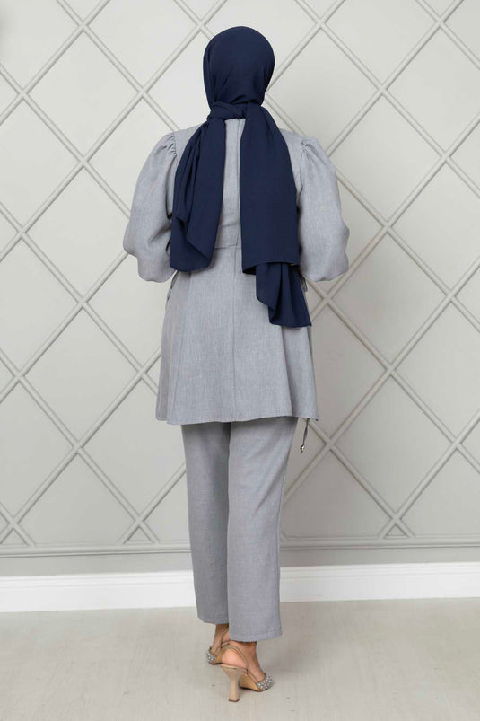 بدلة حجاب كتان مربوطة من الجانب باللون الرمادي