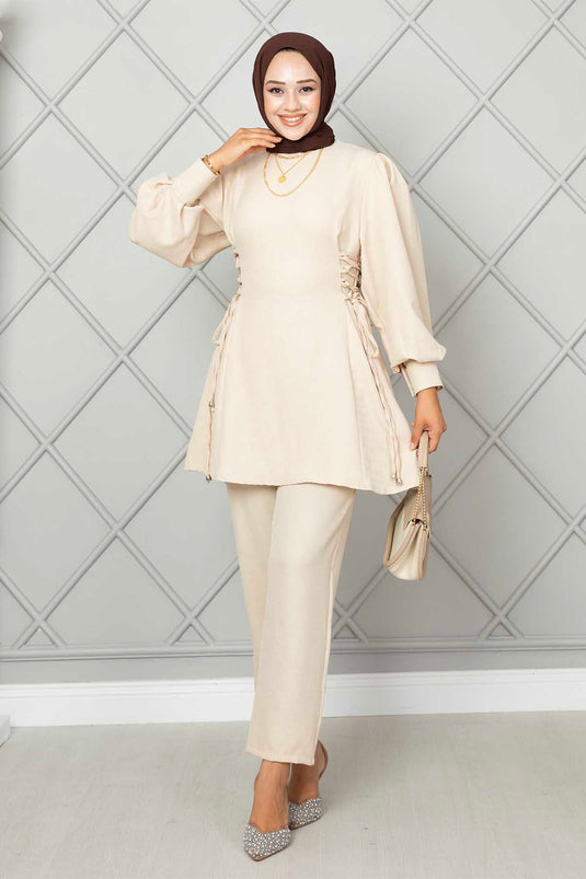Side Tied Linen Hijab Two Piece Set Stone