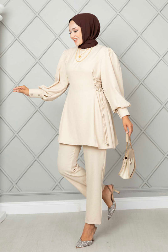 Ensemble deux pièces hijab en lin à nouer sur le côté, couleur pierre