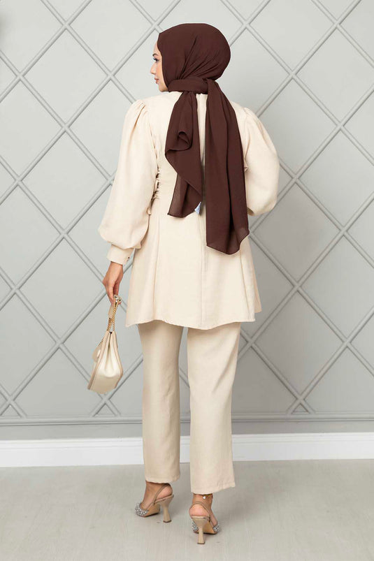 Side Tied Linen Hijab Two Piece Set Stone
