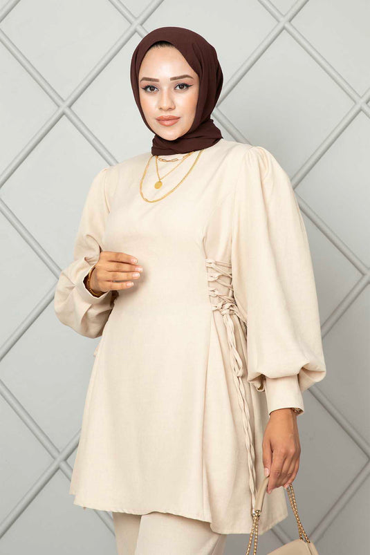 Ensemble deux pièces hijab en lin à nouer sur le côté, couleur pierre