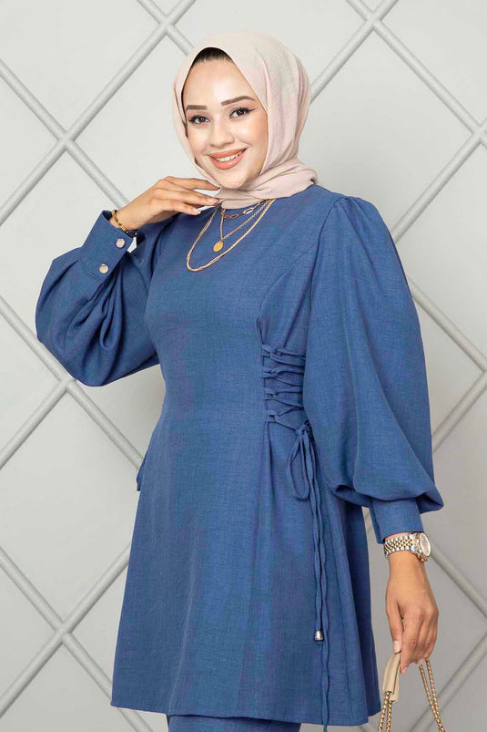 Completo in Lino con Legatura Laterale per Hijab Blu