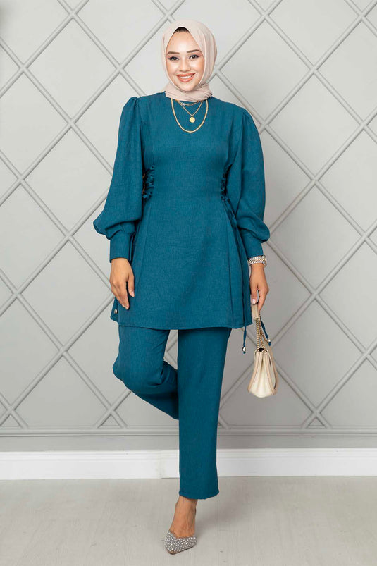 Side Tie Linen Hijab Two Piece Set Petrol