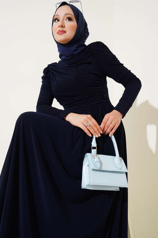 فستان ساندي ذو جوانب مكشكشة، أزرق داكن