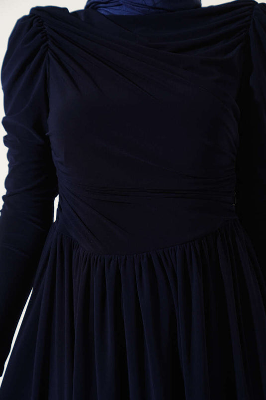 فستان ساندي ذو جوانب مكشكشة، أزرق داكن