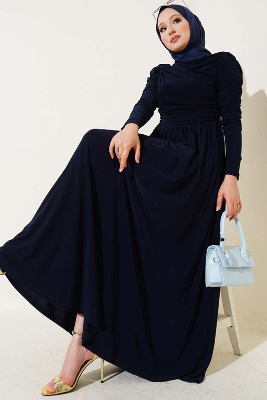 فستان ساندي ذو جوانب مكشكشة، أزرق داكن