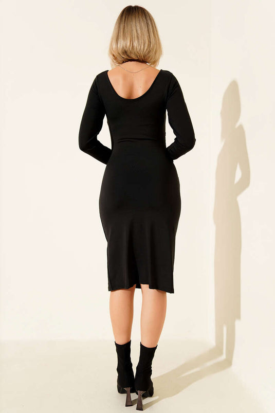 Yanları Büzgülü Uzun Kol Midi Elbise Siyah