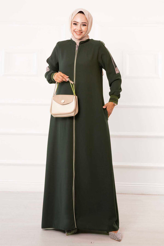 Hijab Abaya con bolsillo a rayas laterales Caqui