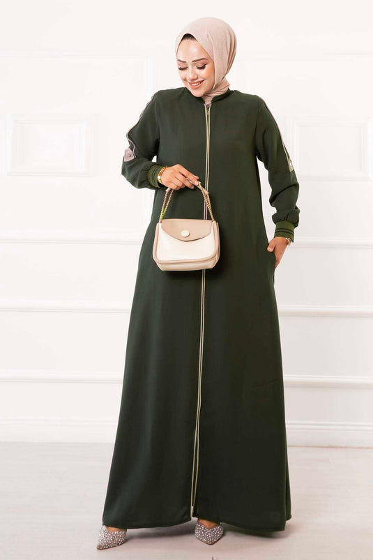 Hijab Abaya con bolsillo a rayas laterales Caqui