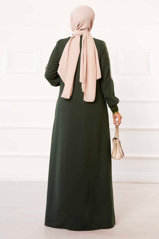 Hijab Abaya con bolsillo a rayas laterales Caqui