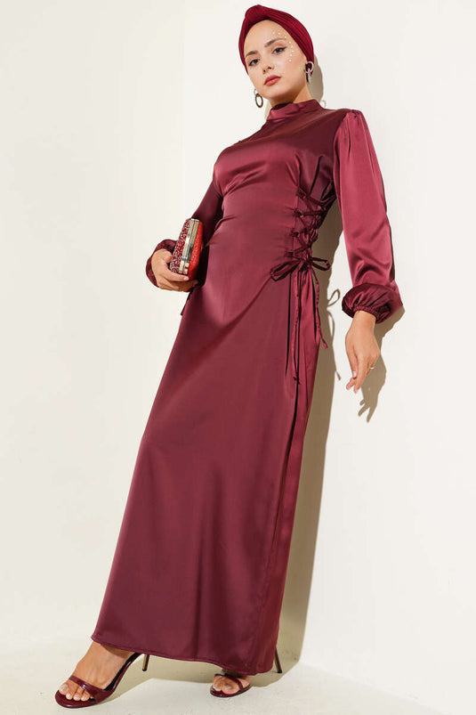 Yanları İp Bağcık Detaylı Saten Elbise Bordo