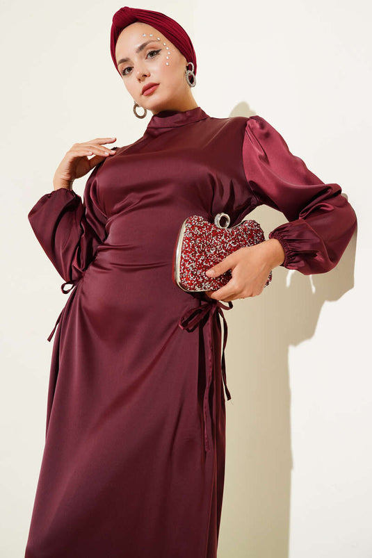 Yanları İp Bağcık Detaylı Saten Elbise Bordo