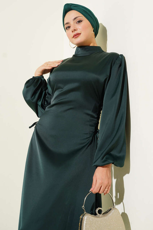 Satin Dress with Side Lace Detail Emerald