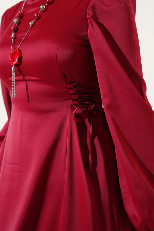 Yanları İp Bağcıklı Saten Elbise Bordo