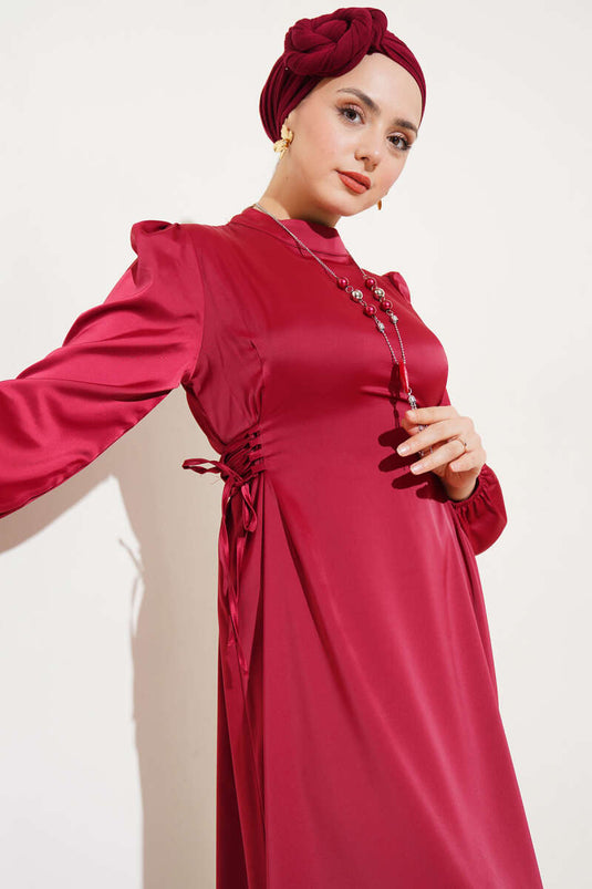 Yanları İp Bağcıklı Saten Elbise Bordo