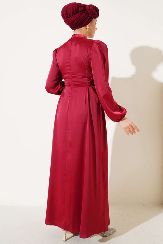 Yanları İp Bağcıklı Saten Elbise Bordo