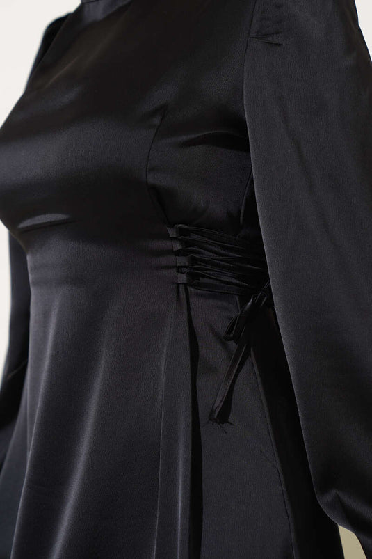 Black Satin Dress with Side Drawstring Ties