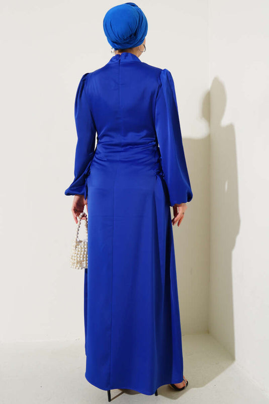 Yanları İp Bağlamalı Saten Elbise Saks