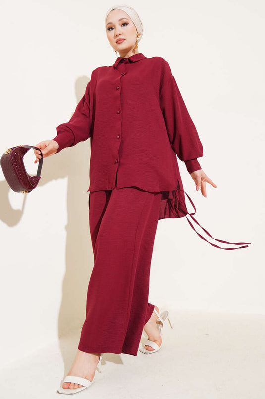 Yanları İp Detaylı İkili Takım Bordo
