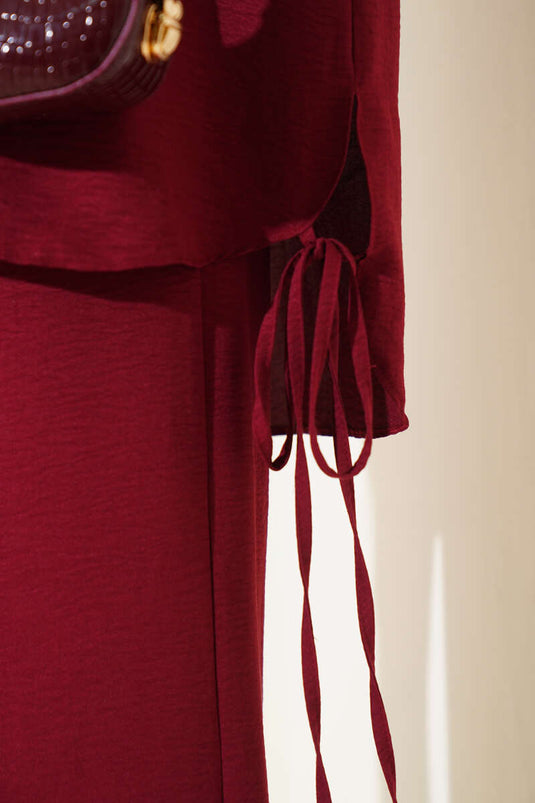 Yanları İp Detaylı İkili Takım Bordo