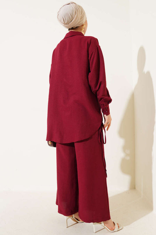 Yanları İp Detaylı İkili Takım Bordo