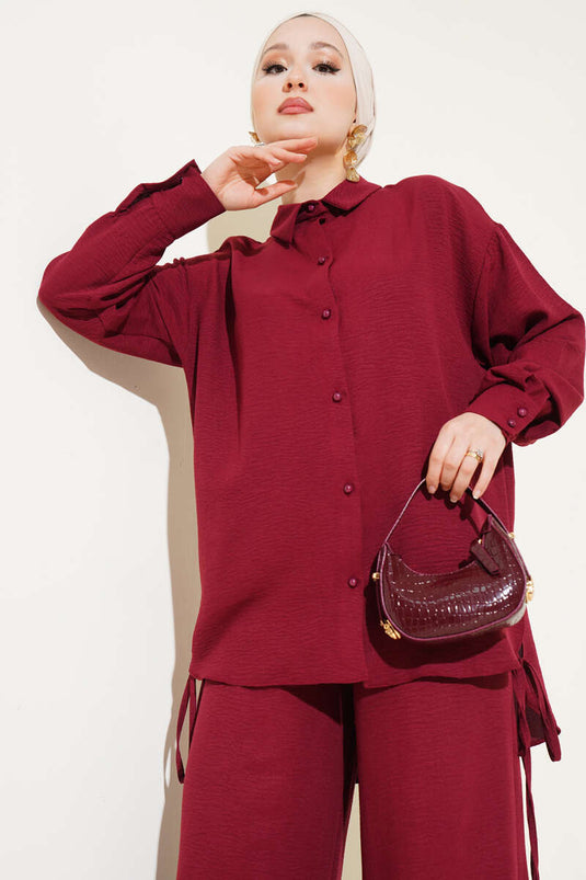 Yanları İp Detaylı İkili Takım Bordo