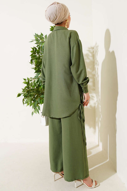 Yanları İp Detaylı İkili Takım Haki