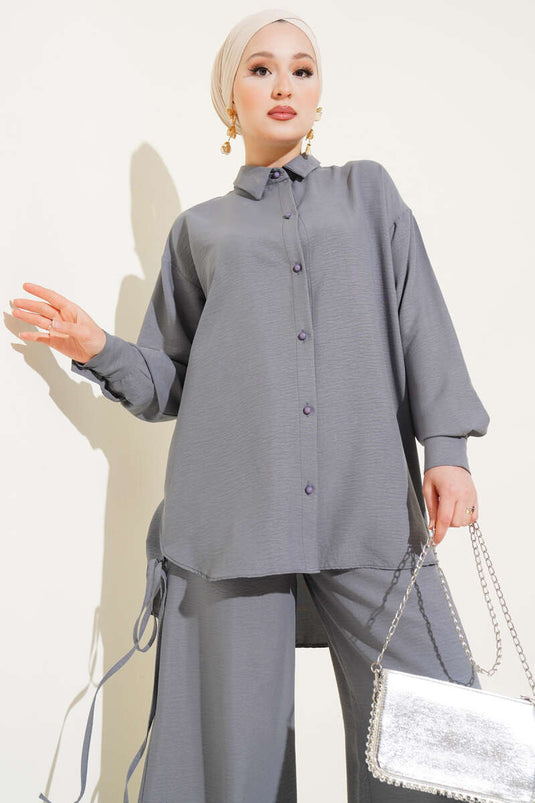 طقم مزدوج بتفاصيل حبل جانبية باللون الرمادي الحجري