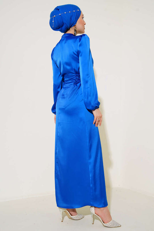 Yanları İp Detaylı Saten Elbise Saks