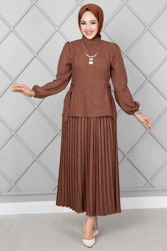Ensemble double hijab avec ceinture latérale marron