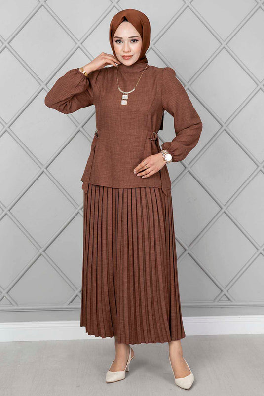 Ensemble double hijab avec ceinture latérale marron